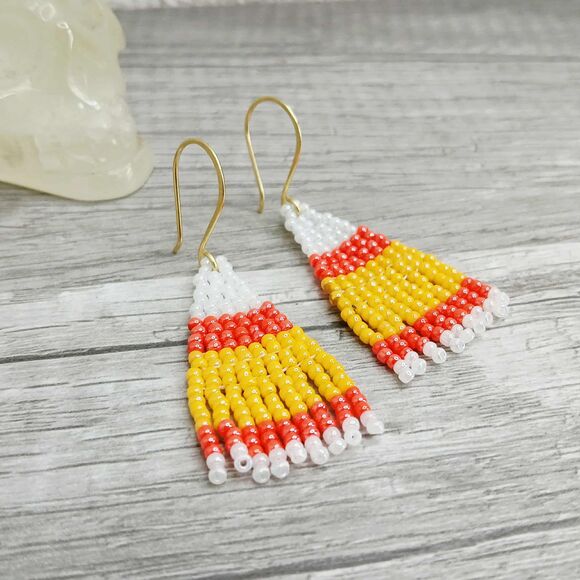 Candy Corn Beaded Fringe Cascade Shoulder Duster Dangle Earrings, 2" - Picture 4 of 5